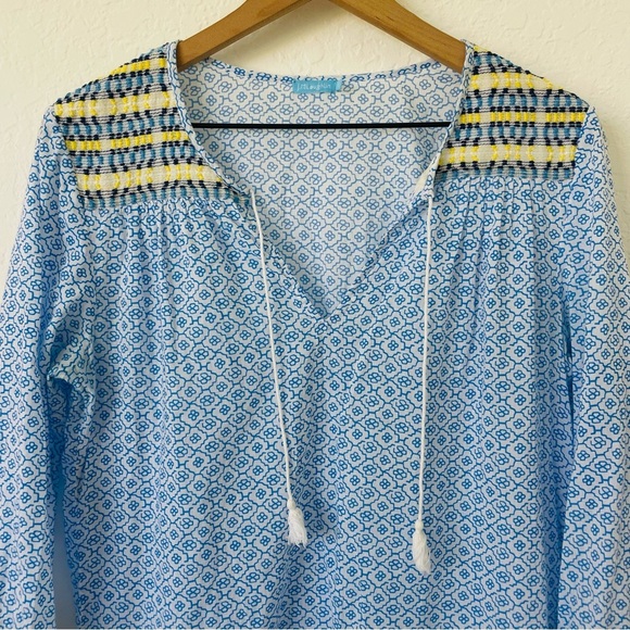 J McLaughlin Tunic Top S Coastal Boho Peasant Blouse Colorful Resort Beachwear - Picture 2 of 16